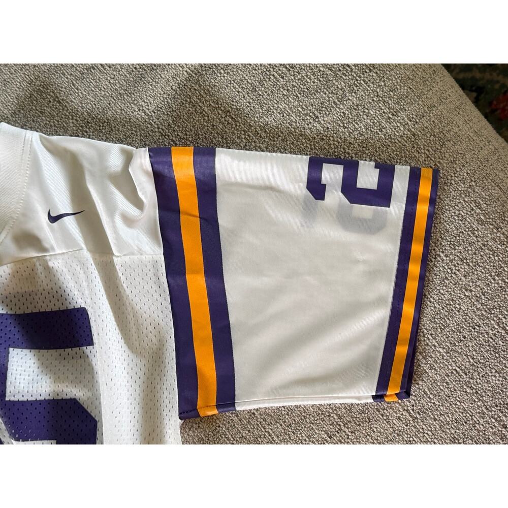 Nike White LSU Tigers Football Jersey Purple Yellow Stripes Numbers V-Neck Sz L - Picture 8 of 11
